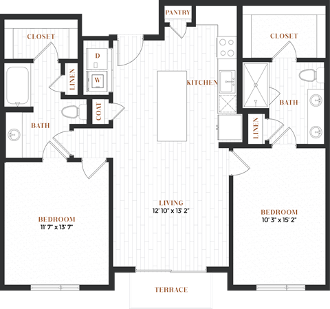 Floor plan for 2 beds, 2 baths, 1035 sqft